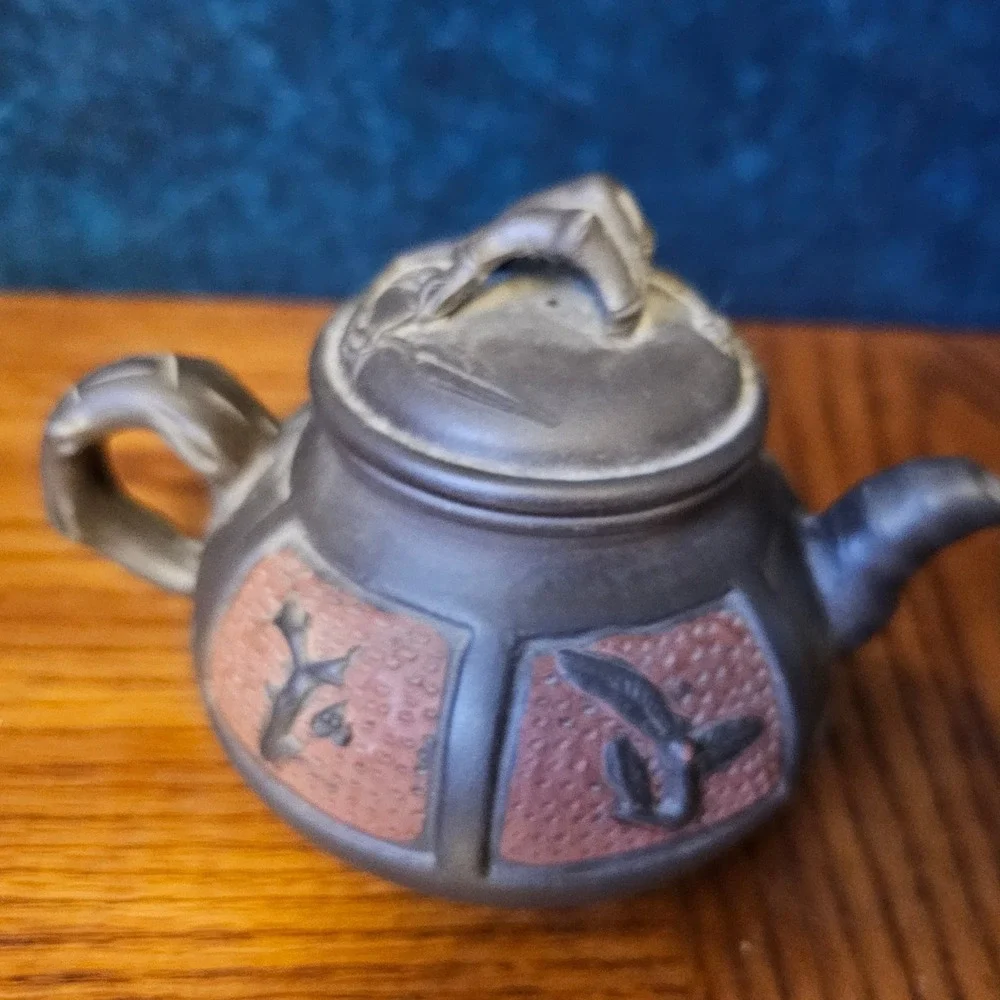 Vintage Yixing Zisha Clay Teapot Bamboo Plum Blossom Relief Purple Clay Teaware